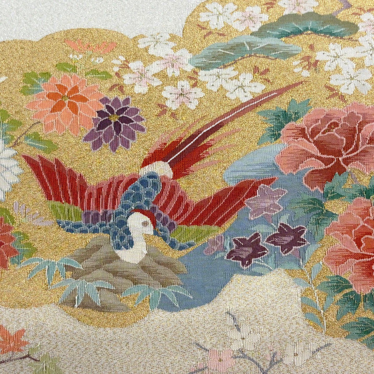 袋帯 逸品 関西仕立て 花鳥 雲文 金銀糸 クリーム お太鼓柄 正絹｜中古