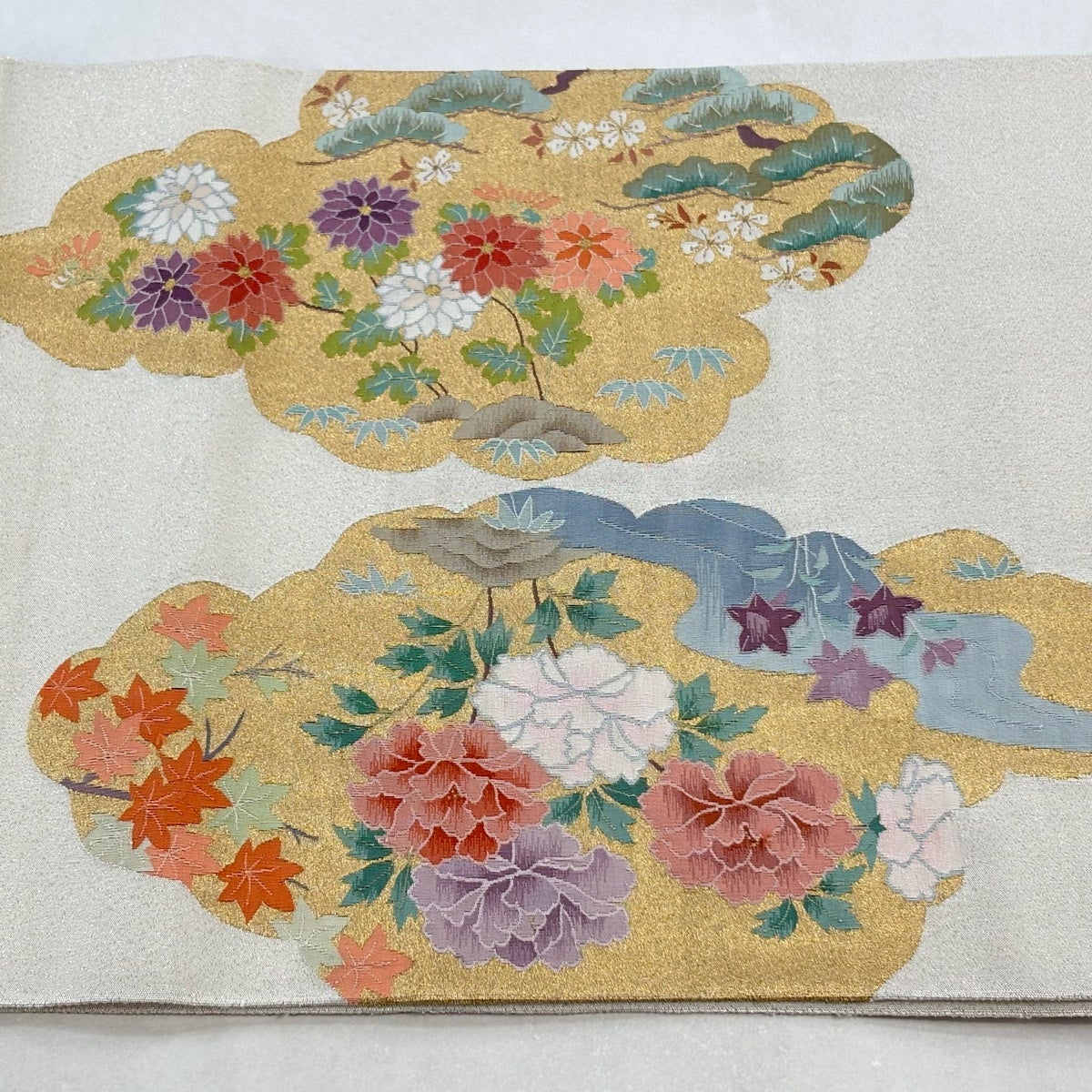 袋帯 逸品 関西仕立て 花鳥 雲文 金銀糸 クリーム お太鼓柄 正絹｜中古