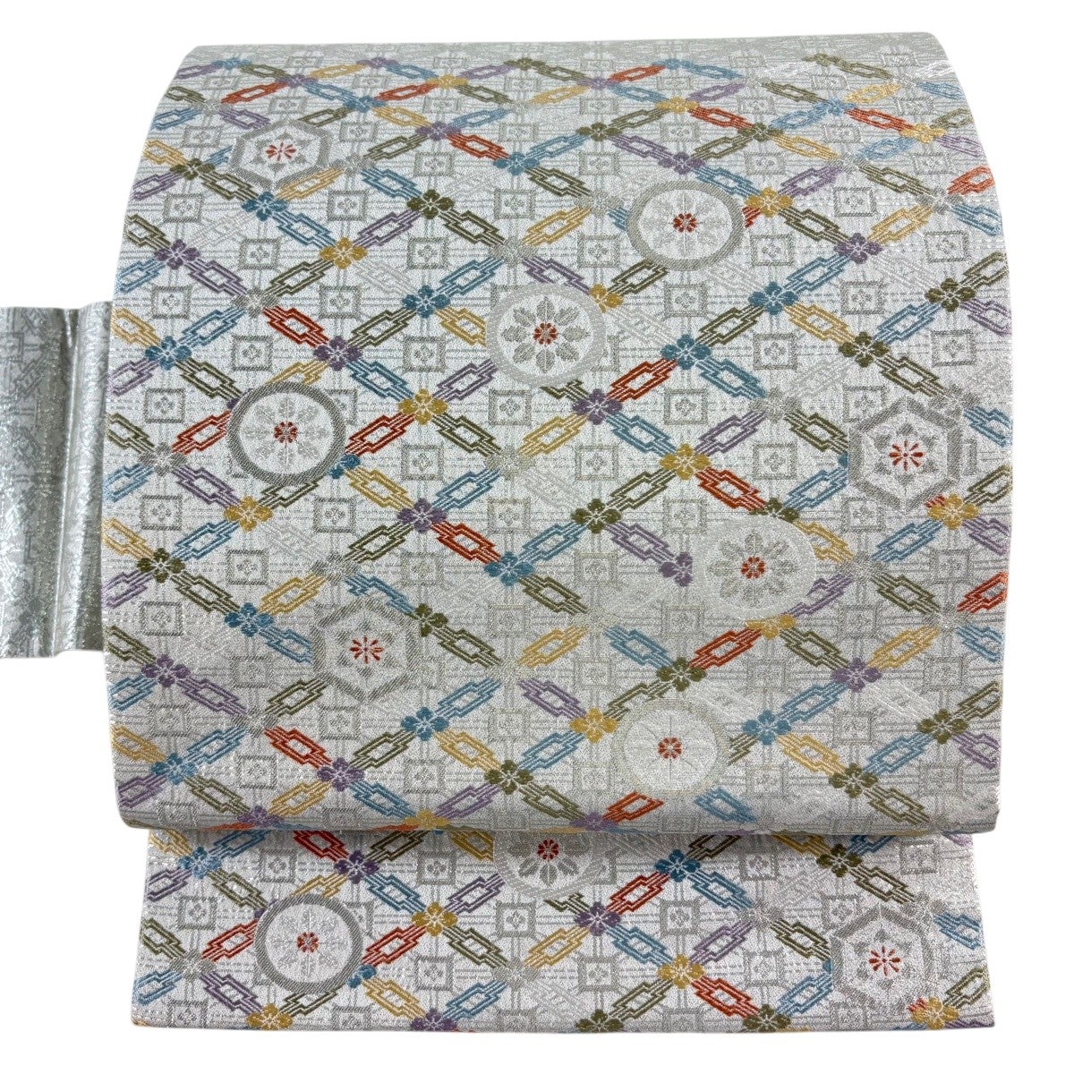 名古屋帯　シルバー系　正絹　未使用　売れ残りでテーブル用品に変更予定 美品】 名古屋帯 逸品 長嶋成織物 落款あり 舞楽文 箔 銀糸 銀色 正絹