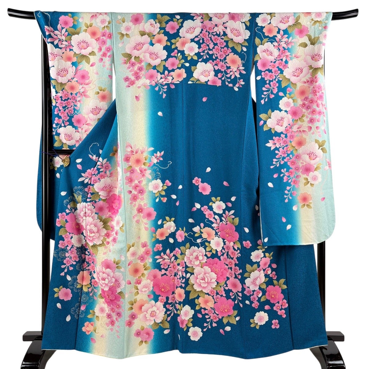 美品】 振袖 身丈165cm 裄丈70cm L 袷 桜 牡丹 箔 銀通し 青緑 正絹