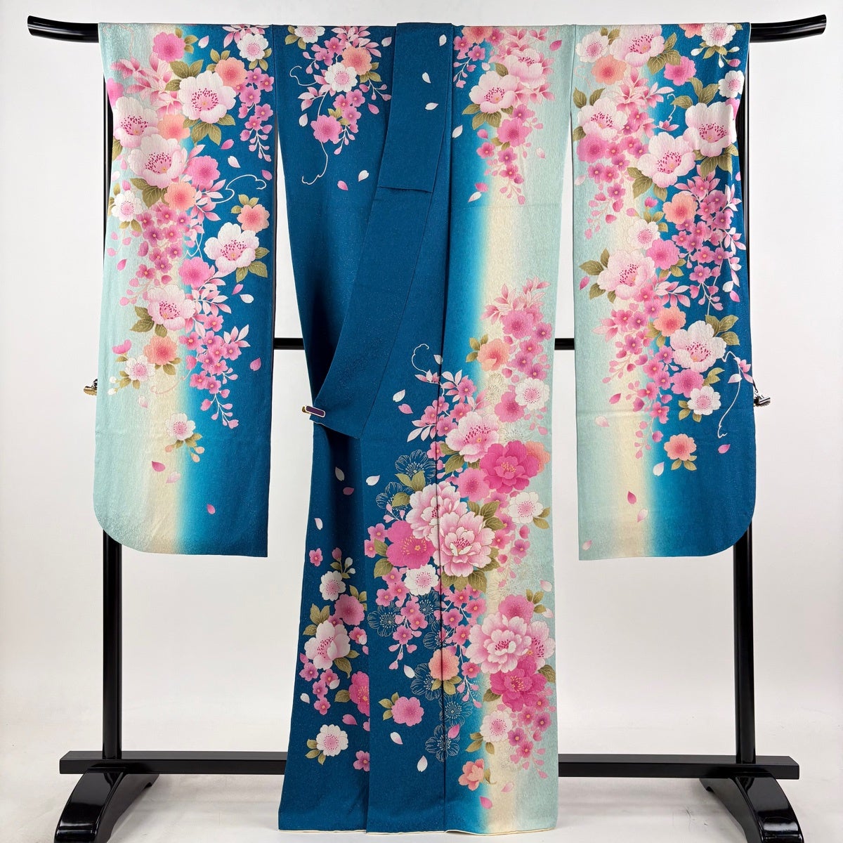 美品】 振袖 身丈165cm 裄丈70cm L 袷 桜 牡丹 箔 銀通し 青緑 正絹