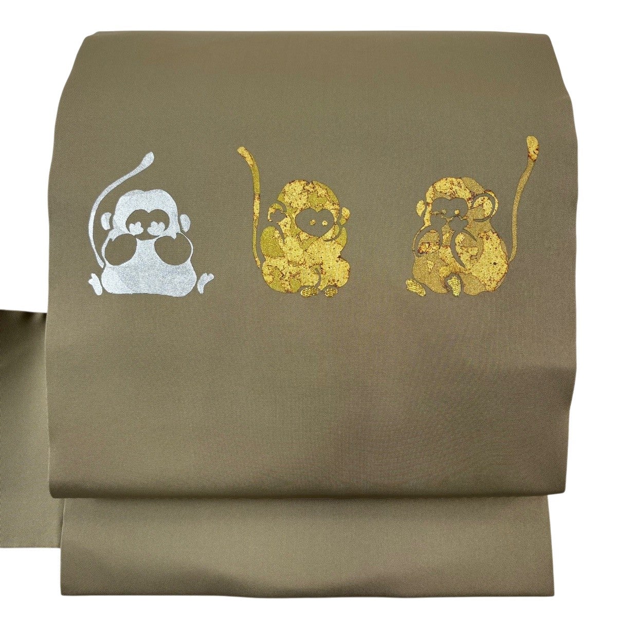 美品】 名古屋帯 逸品 三猿 金銀彩 箔 茶緑色 正絹｜中古・古着