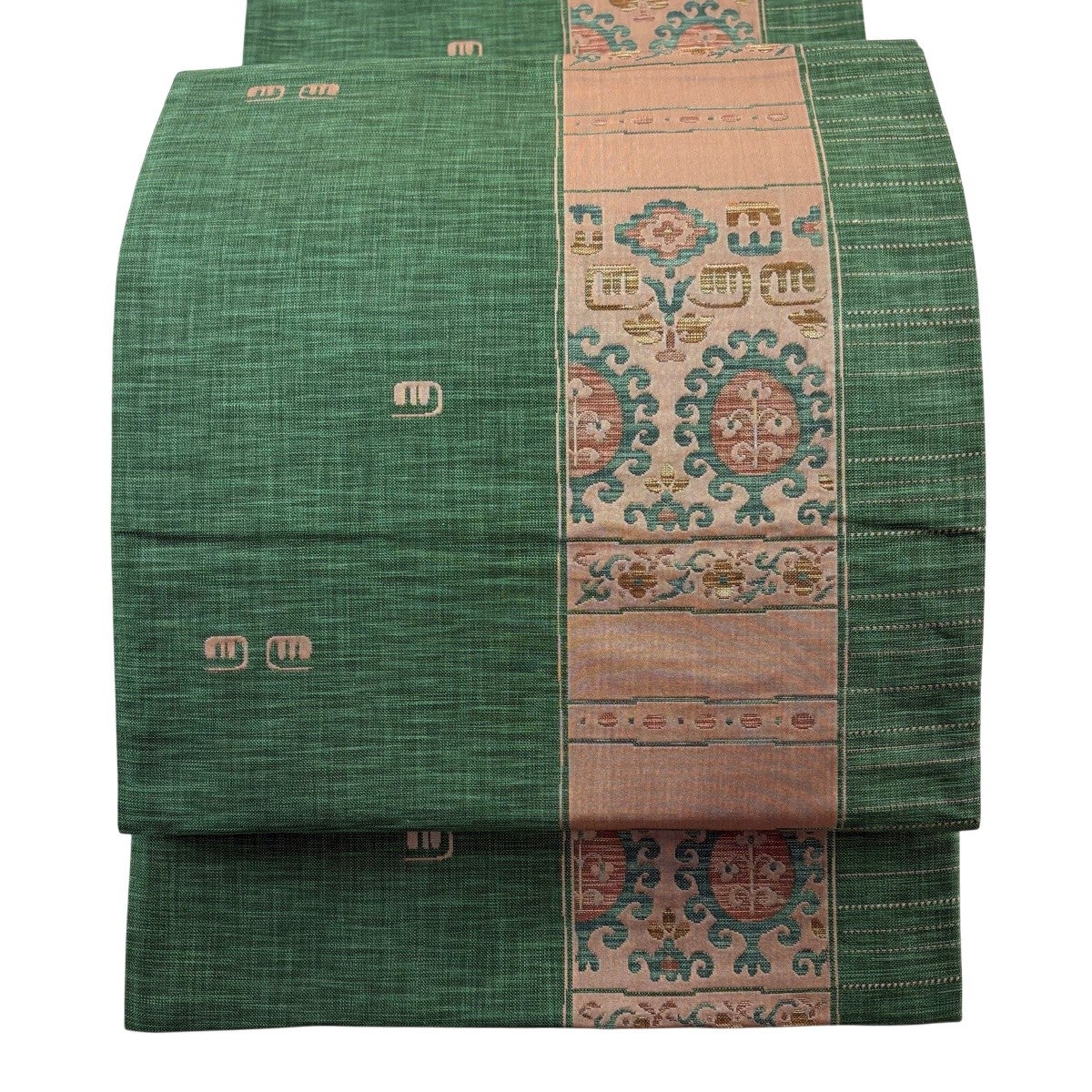 50%OFF 袋帯 秀品 草花 幾何学 緑 六通 正絹 K50｜中古・古着