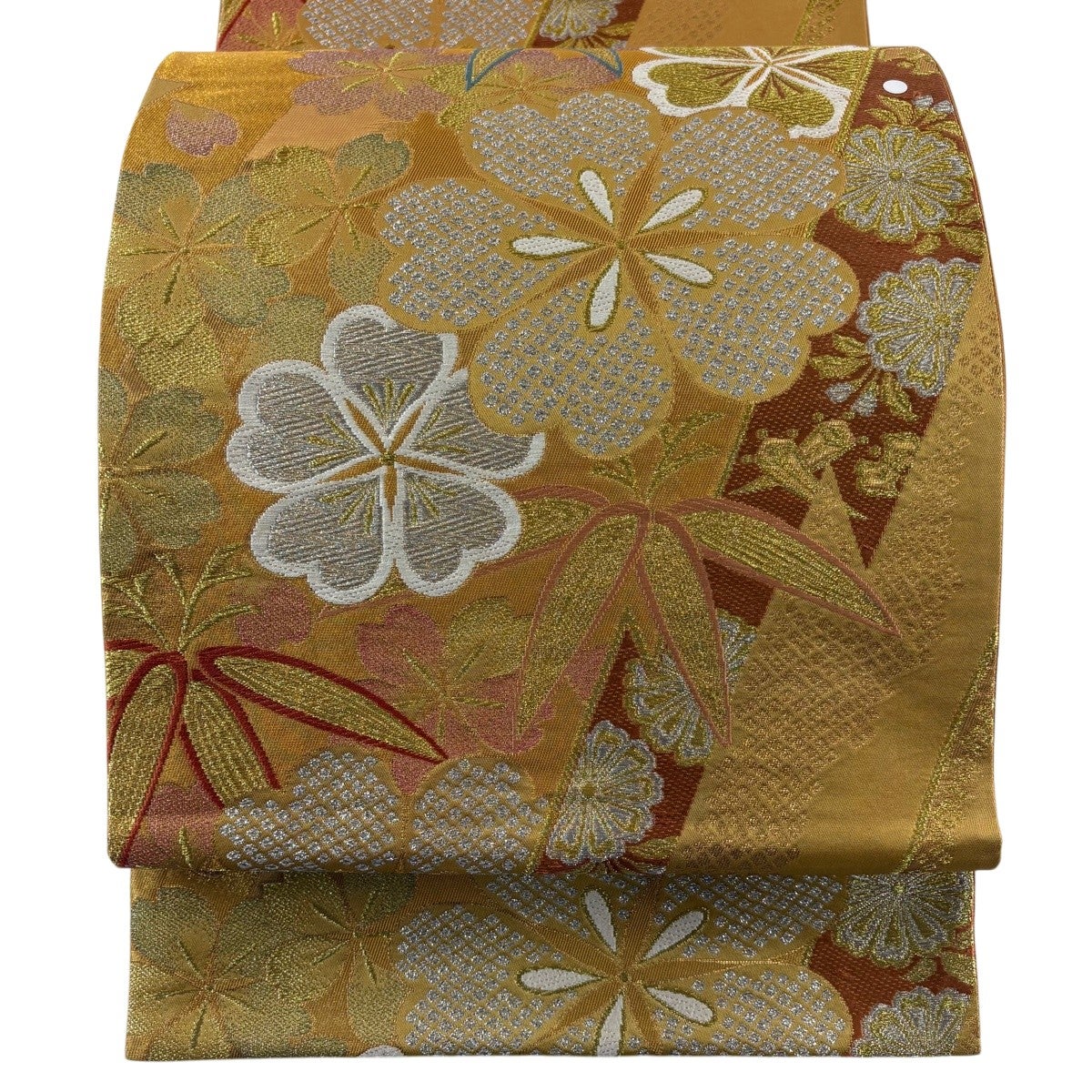 袋帯 秀品 鈴乃屋 桜 笹 金銀糸 箔 黄土色 六通 正絹｜中古・古着
