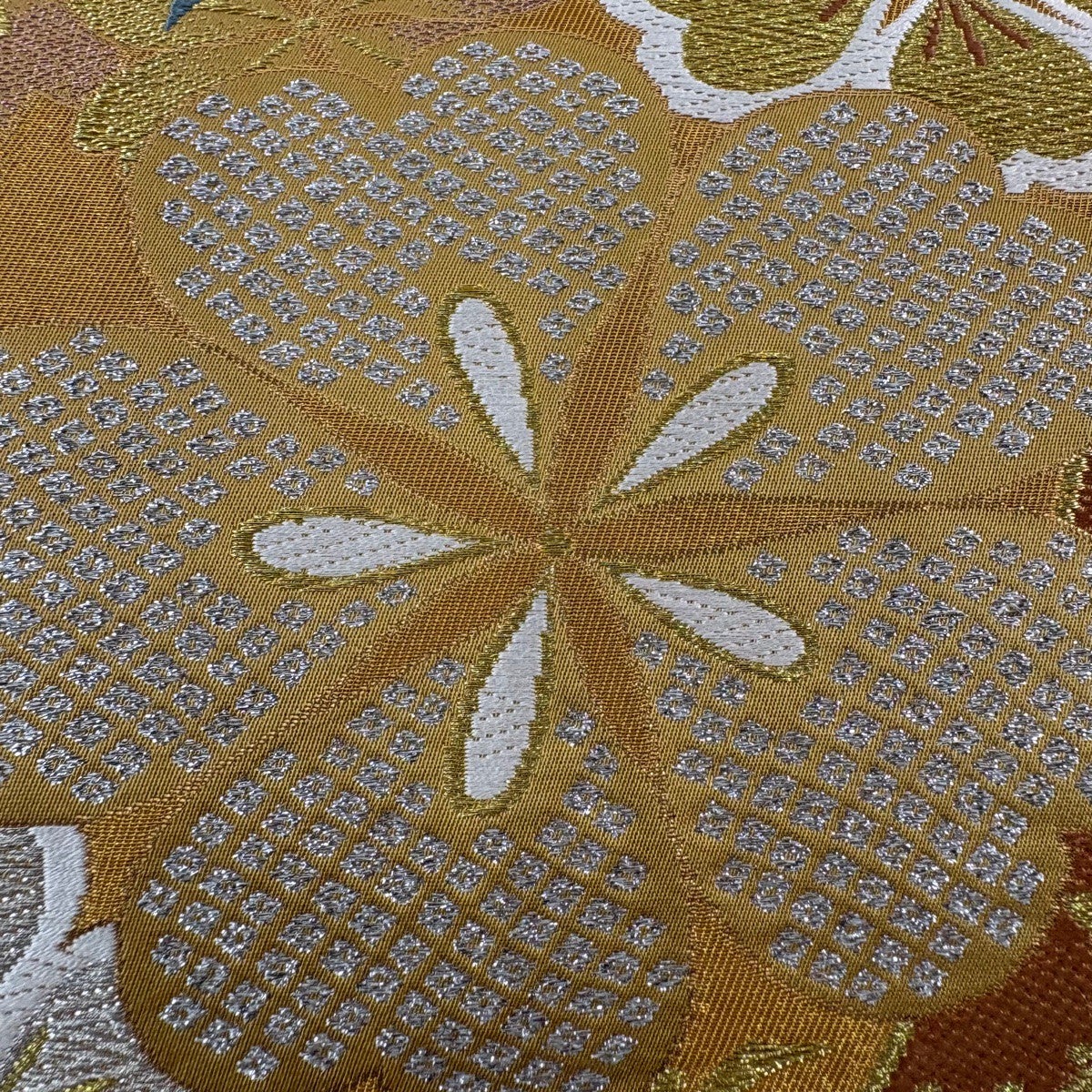 袋帯 秀品 鈴乃屋 桜 笹 金銀糸 箔 黄土色 六通 正絹｜中古・古着