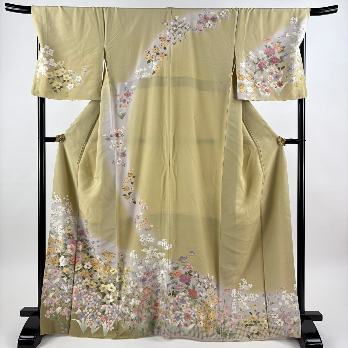 訪問着 身丈168.5cm 裄丈70cm L 袷 草花 刺繍 金糸 抹茶色 正絹 逸品