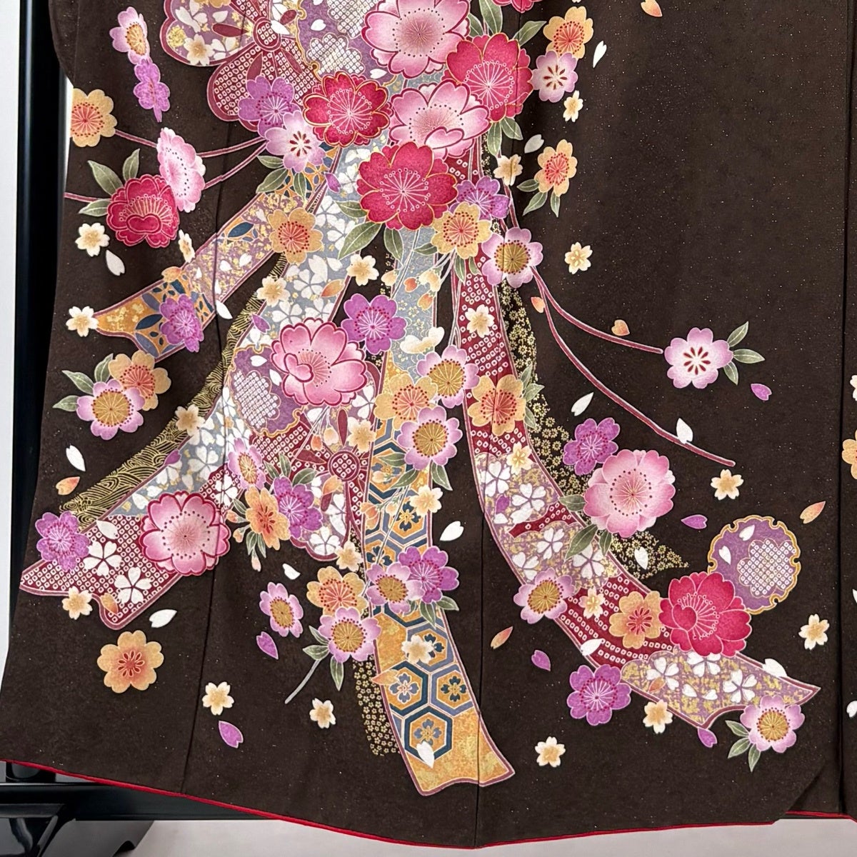 振袖 身丈160cm 裄丈67cm M 袷 桜 束ね熨斗 金通し 金糸 焦茶色 正絹