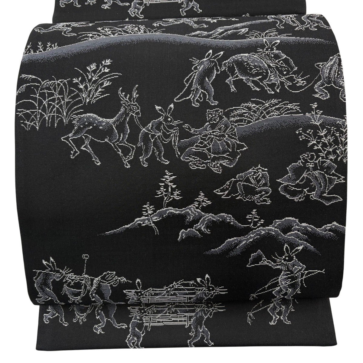 美品】 袋帯 逸品 鳥獣戯画 黒灰 全通 正絹｜中古・古着・リサイクル
