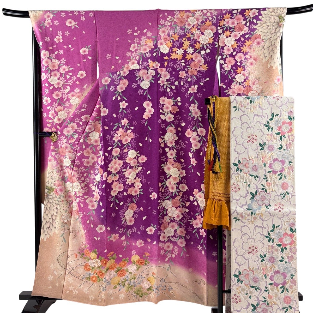 振袖 身丈168cm 裄丈65cm M 袷 袋帯フルセット 扇 桜 金彩 ぼかし 茶