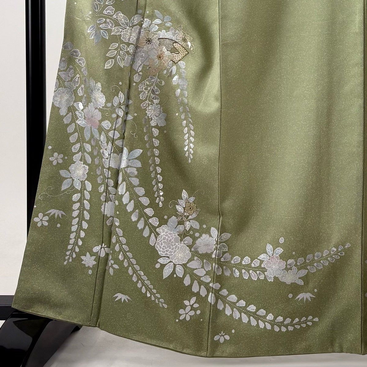 辻ヶ花　付下げ　袷　緑系 美品】 付下げ 身丈163.5cm 裄丈65cm M 袷 辻が花柄 扇面 刺繍 銀彩 灰