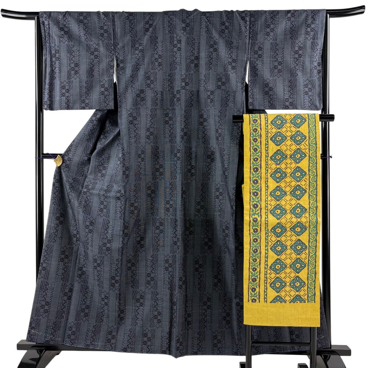 美品】 大島紬 身丈159cm 裄丈65.5cm M 袷 アンサンブル 証紙あり 格子