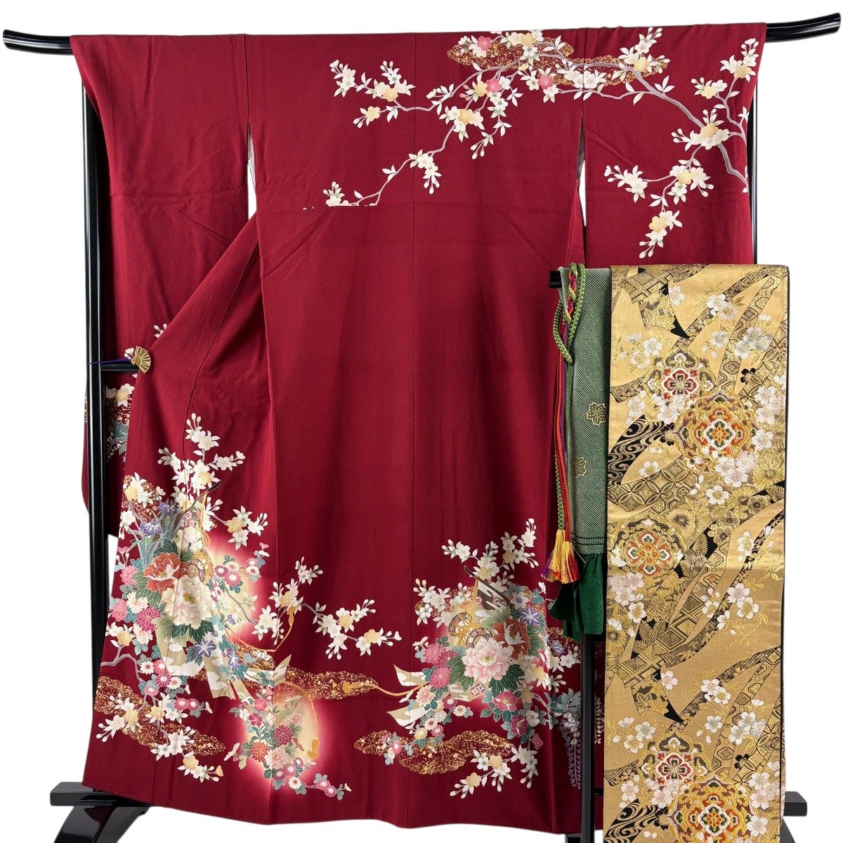 美品】 振袖 身丈161cm 裄丈68cm L 袷 袋帯フルセット 鈴乃屋 草花 鼓 美品】 振袖 身丈161cm 裄丈68cm L 袷 袋帯フルセット 鈴乃屋 草花 鼓