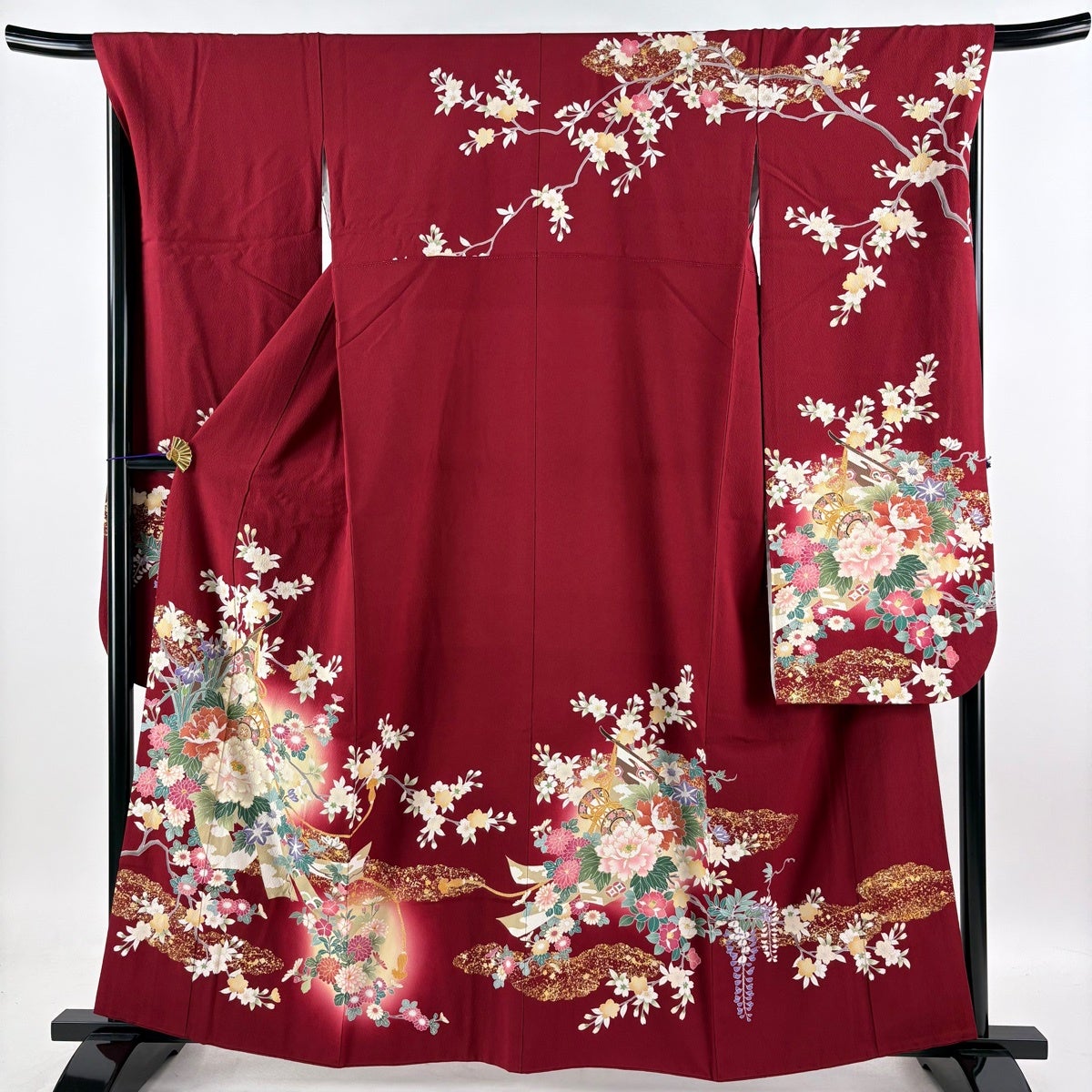 美品】 振袖 身丈161cm 裄丈68cm L 袷 袋帯フルセット 鈴乃屋 草花 鼓 美品】 振袖 身丈161cm 裄丈68cm L 袷 袋帯フルセット 鈴乃屋 草花 鼓
