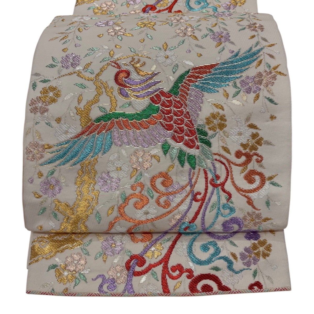 30%OFF 【美品】 袋帯 秀品 関西仕立て 尾長鳥 草花 金糸 箔 ベージュ