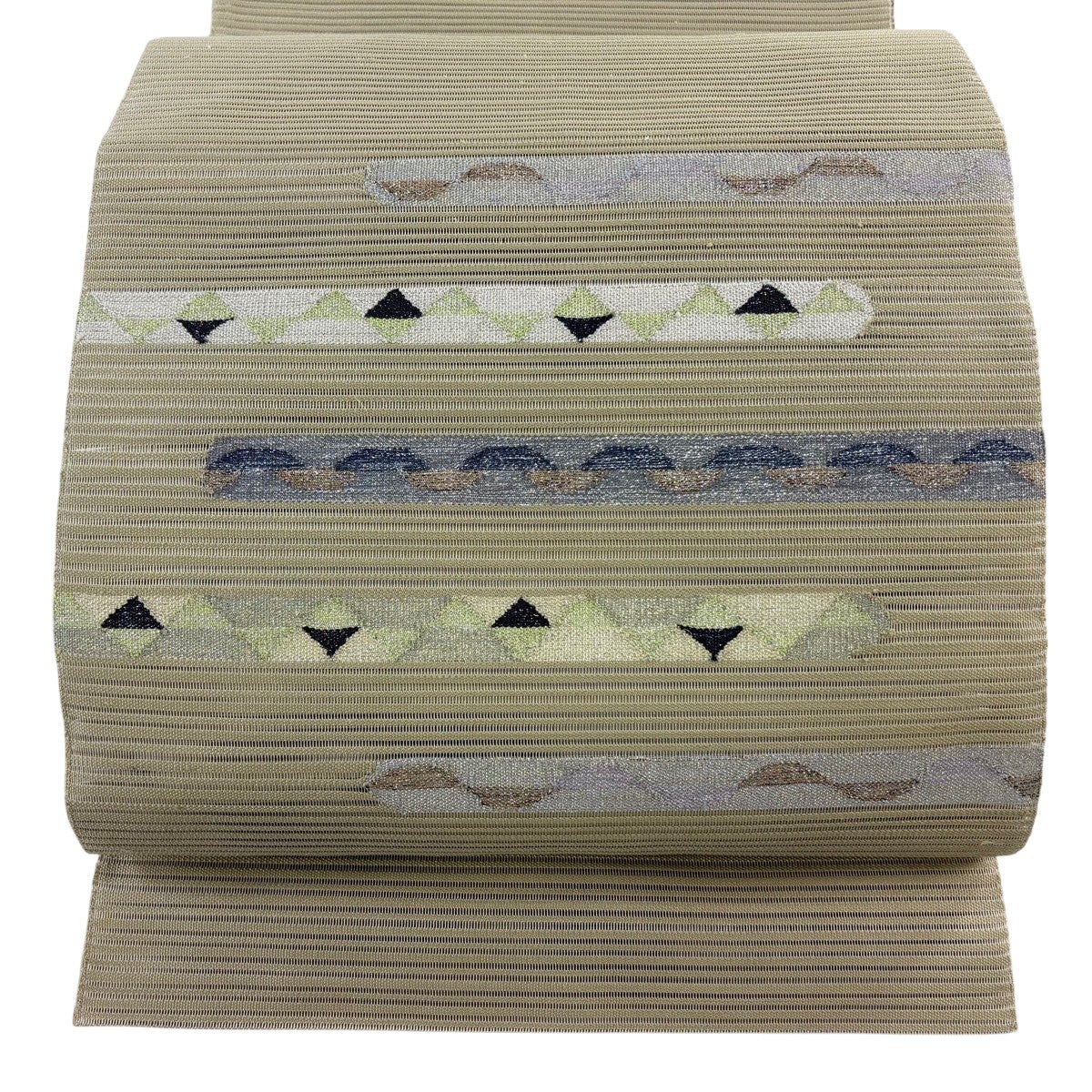 6-30 夏帯 夏物 名古屋帯 八寸 美品 正絹 着物 松葉仕立て 絽 名古屋帯 秀品 夏帯 絽 松葉仕立て 八寸名古屋帯 幾何学 金銀糸 灰色