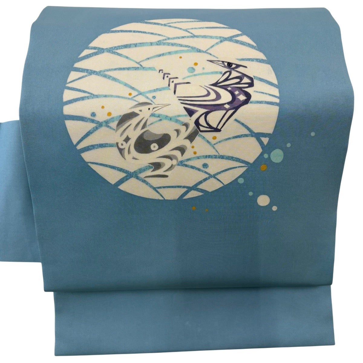 名古屋帯 秀品 落款あり 鳥 水しぶき 水色 正絹｜中古・古着