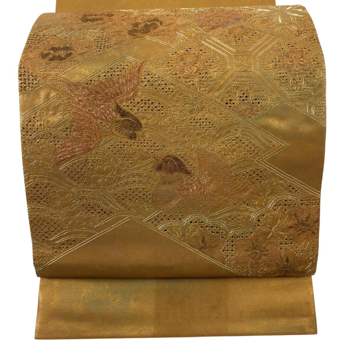 袋帯 秀品 関西仕立て 花鳥 松皮菱 金糸 刺繍 金茶 お太鼓柄 正絹