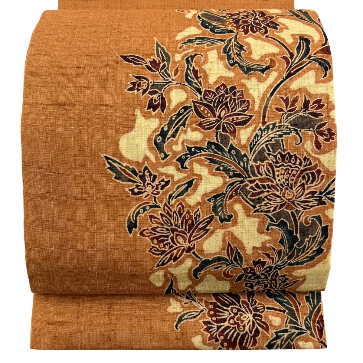 美品】 開き名古屋帯 秀品 落款あり 紬地 草花 オレンジ 正絹｜中古