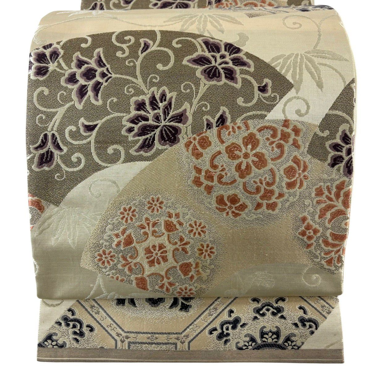 美品】 袋帯 秀品 扇面 牡丹 箔 金茶 六通 正絹｜中古・古着