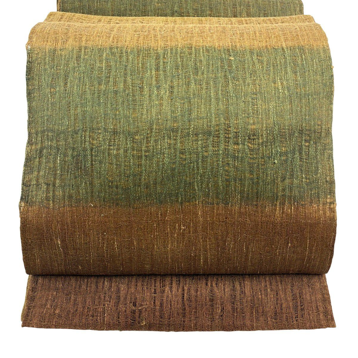 美品】 袋帯 秀品 夏帯 横段 茶緑色 全通 正絹｜中古・古着