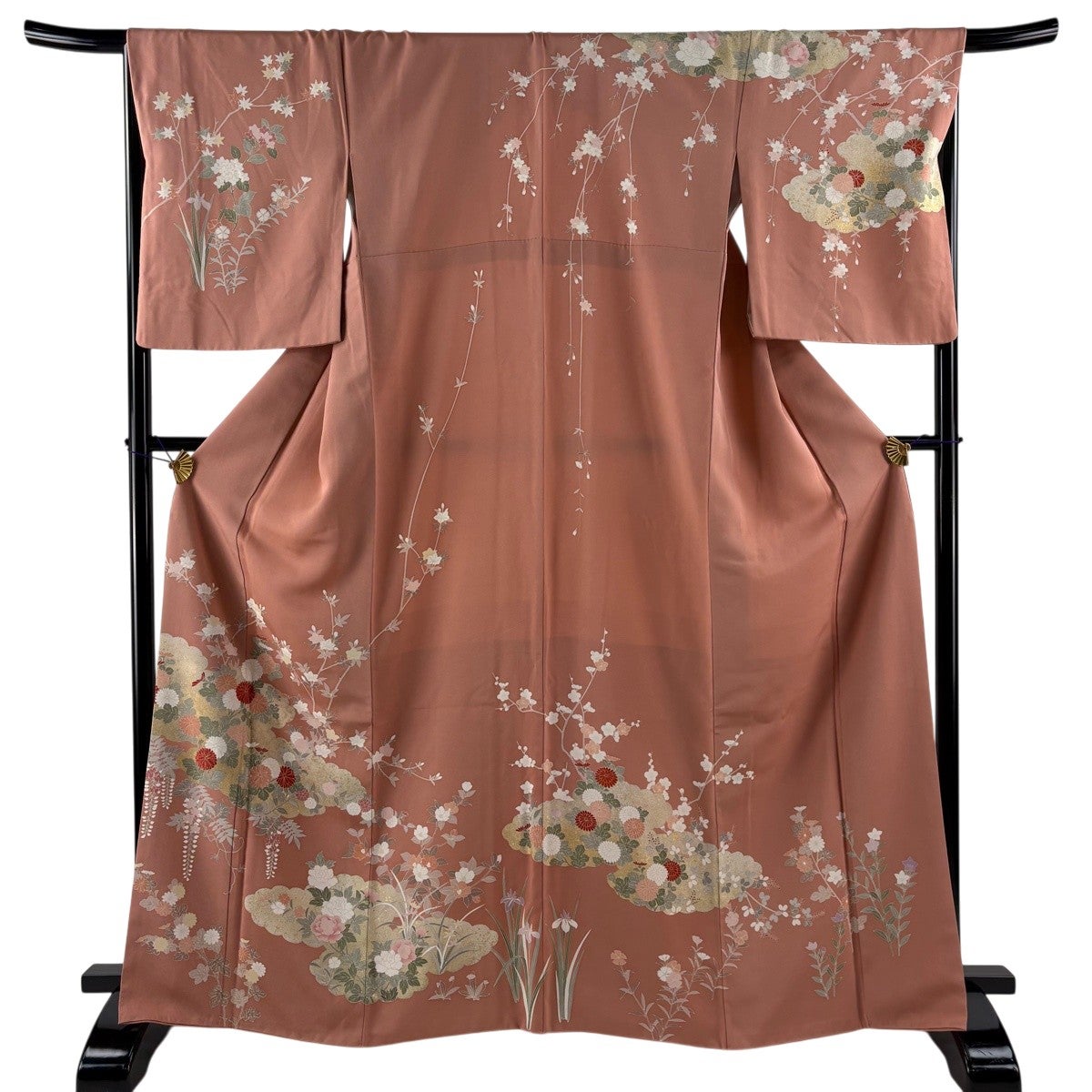 美品】 訪問着 身丈166cm 裄丈69cm L 袷 草花 金彩 サーモンピンク