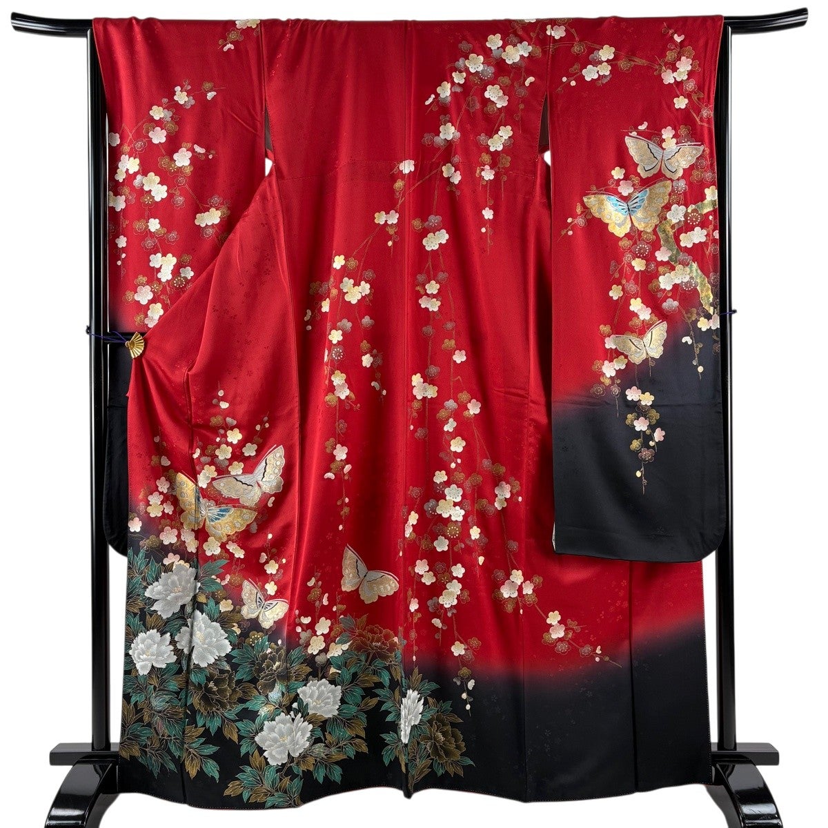 【最終値下げ】正絹 振袖 着物セット身丈162cm 裄67.4cm 振袖 身丈167cm 裄丈66cm M 袷 蝶 牡丹 金銀彩 染め分け 赤 正絹 秀品