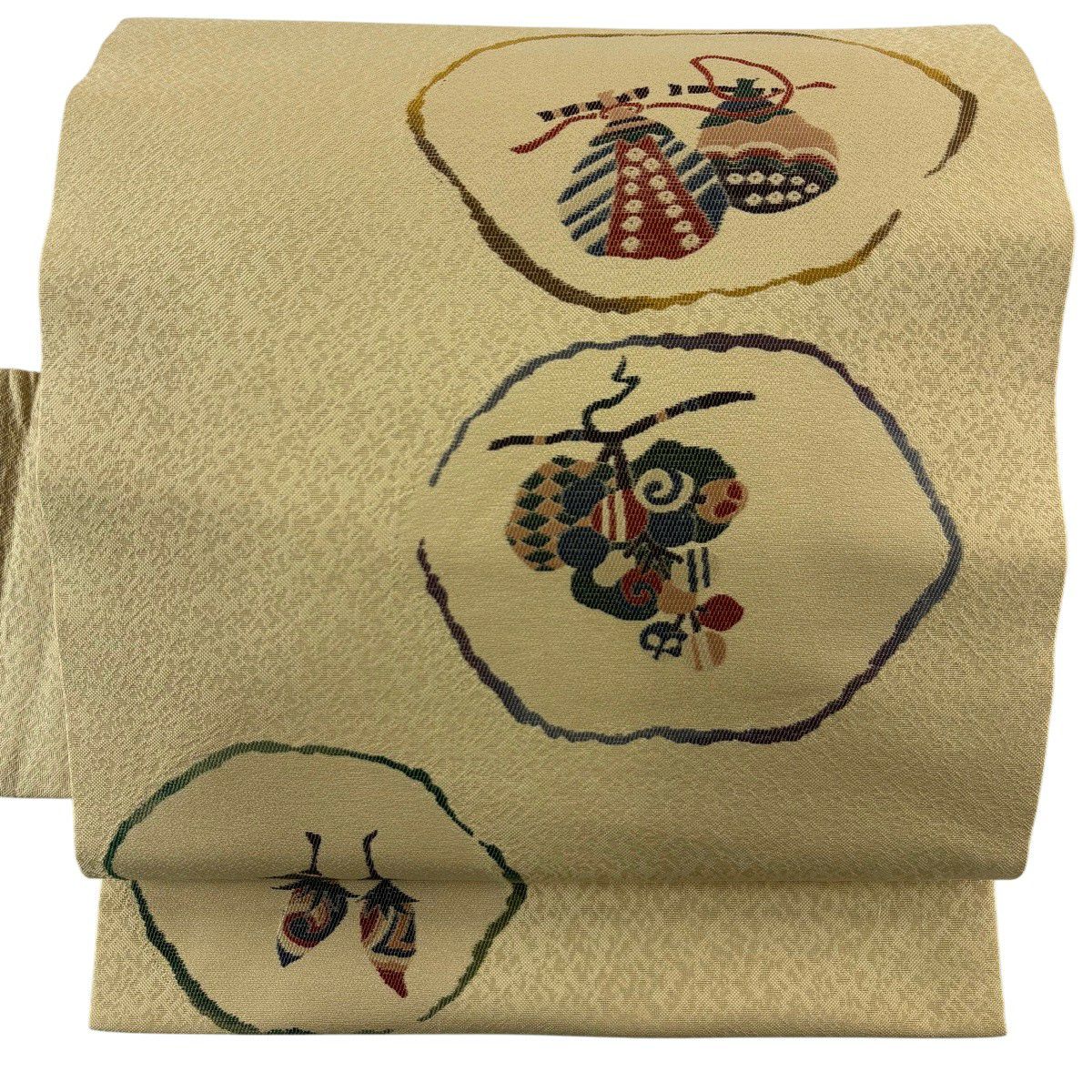 美品】 名古屋帯 秀品 土の香り 野菜 生り物 箔 茶緑色 正絹｜中古