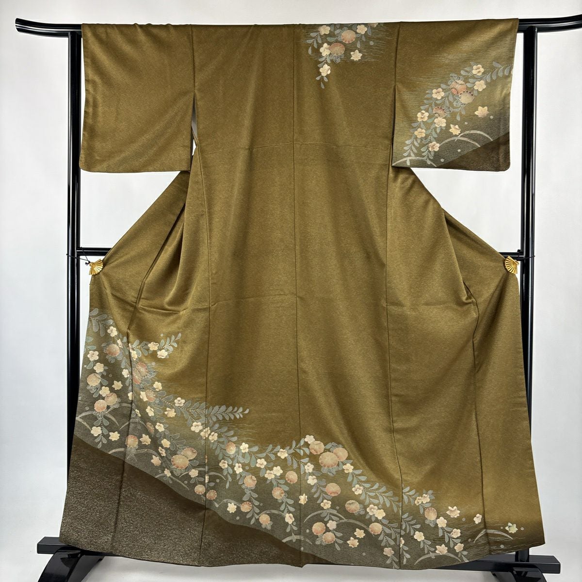 訪問着 身丈155cm 裄丈62.5cm S 袷 草花 槌車 金銀彩 染め分け 緑 正絹