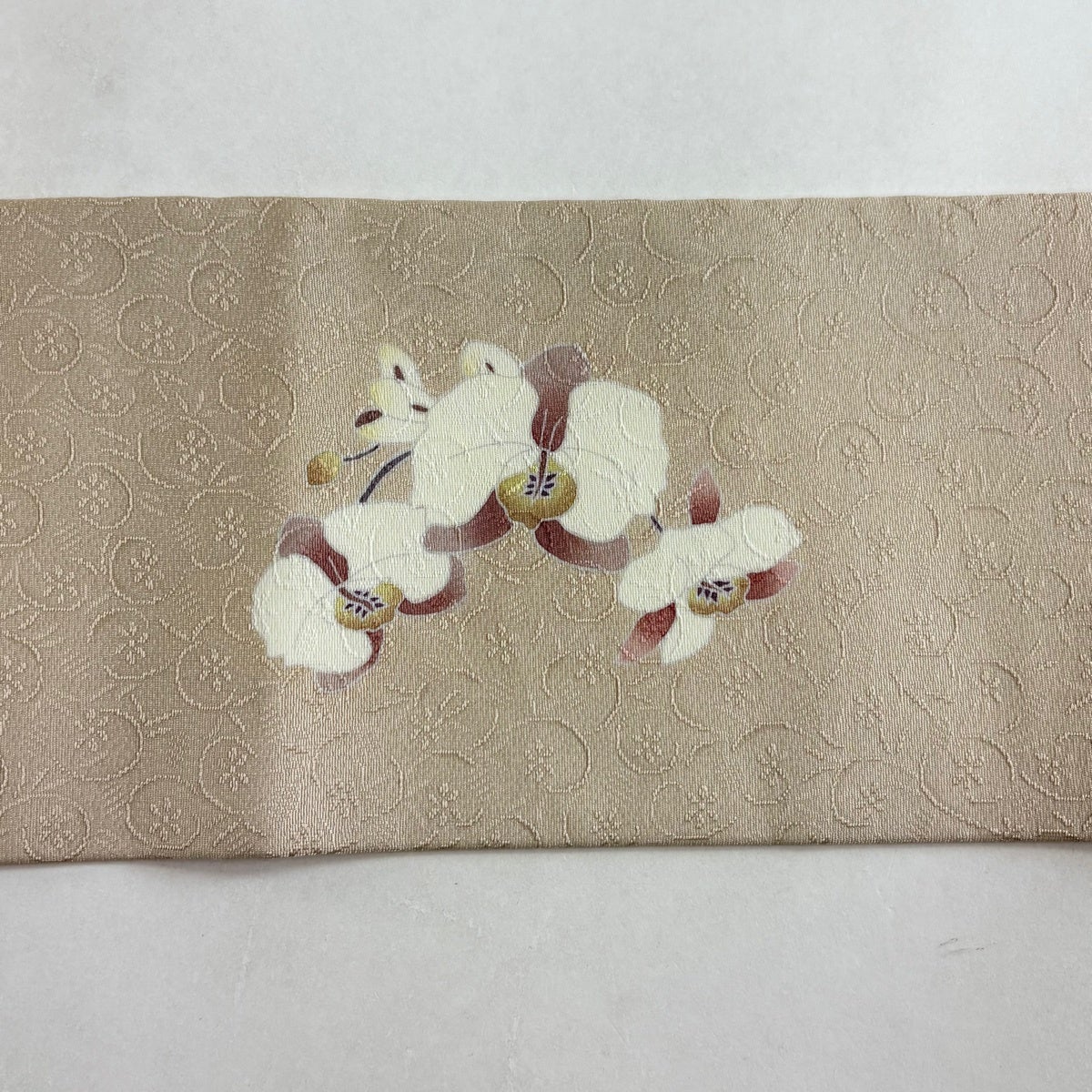 専用帯7691 ●高級 正絹 名古屋帯 胡蝶蘭 名古屋帯 逸品 胡蝶蘭 ベージュ 正絹｜中古・古着・リサイクル着物通販