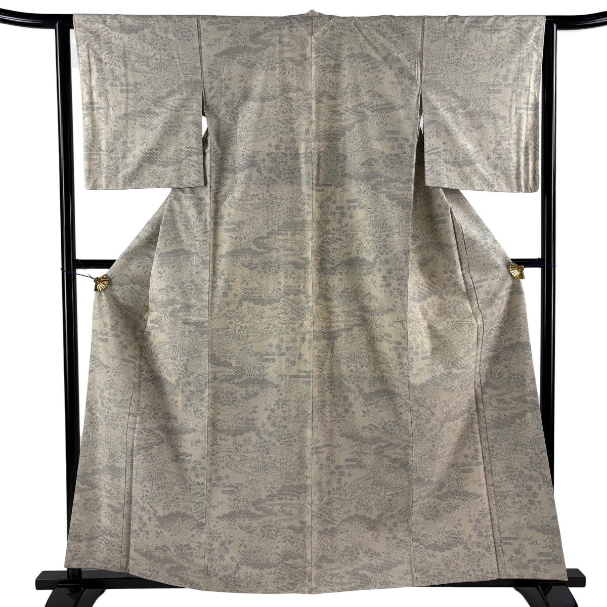 紬 身丈160cm 裄丈62.5cm S 袷 草花 流水 ベージュ 正絹 優品｜中古