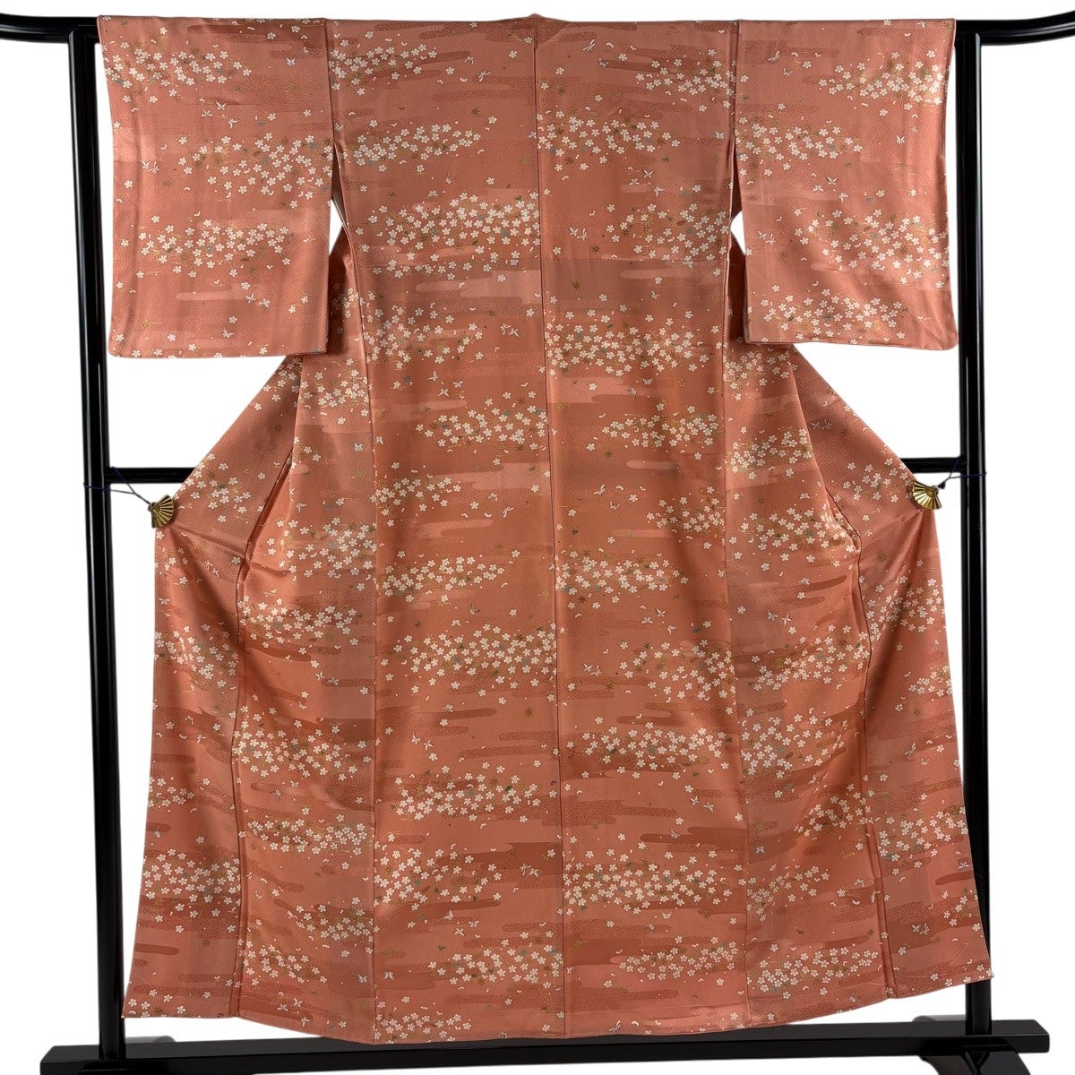 美品】 小紋 身丈156cm 裄丈62cm S 袷 梅 笹 金彩 サーモンピンク 正絹