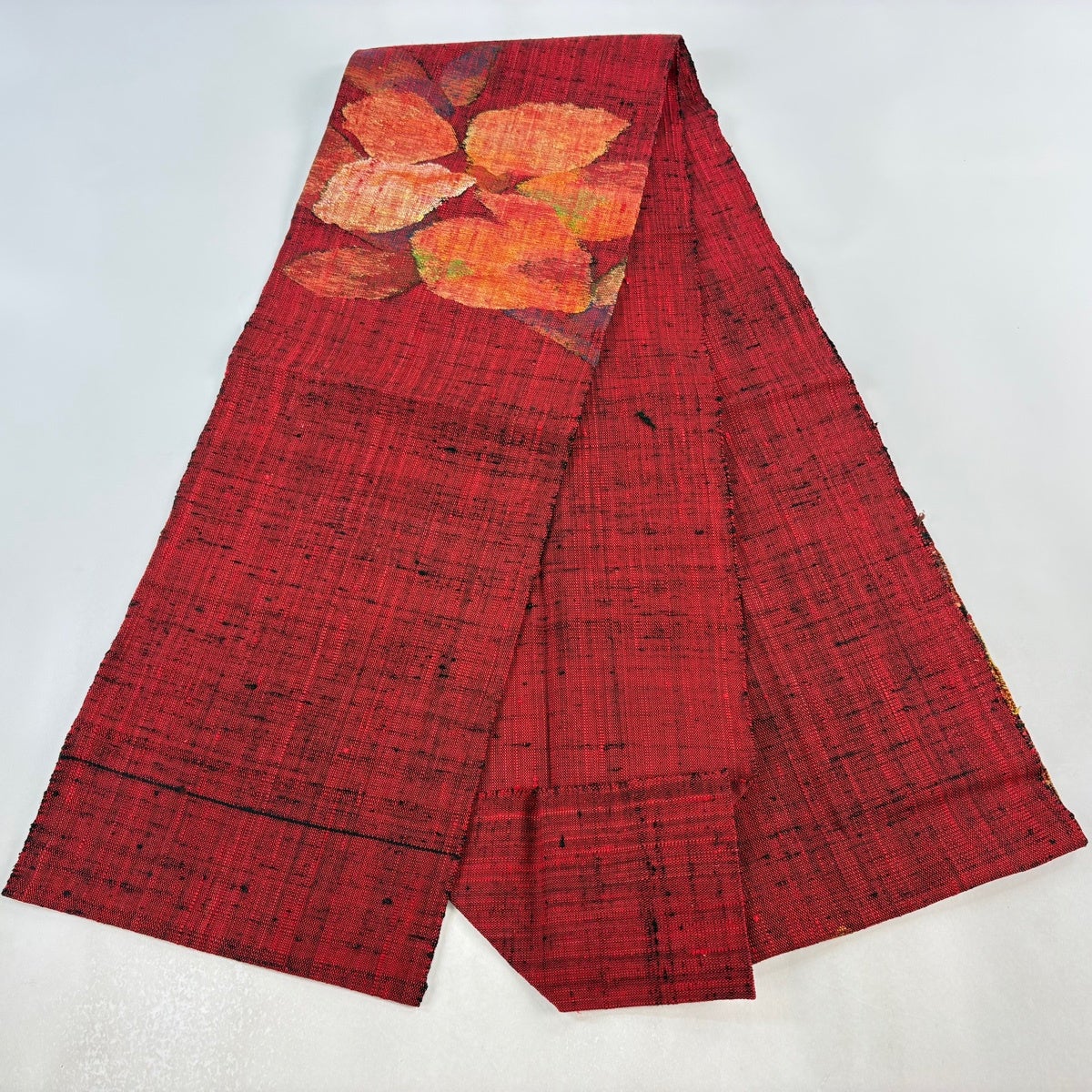 美品】 名古屋帯 優品 八寸名古屋帯 松葉仕立て 草花 赤黒 正絹｜中古