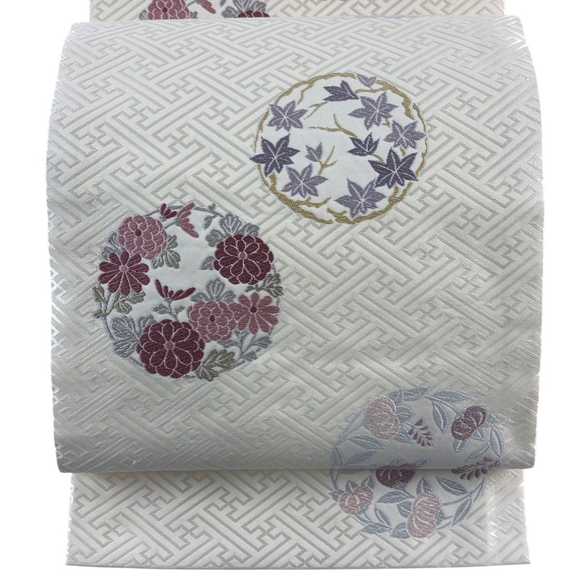 袋帯 逸品 花丸文 紗綾形 唐織 クリーム 六通 正絹｜中古・古着