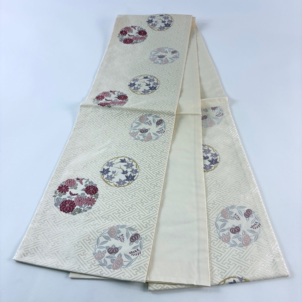 【未使用品】【袋帯】【唐織】【丸文】【白】白地に丸文の唐織 袋帯 逸品 花丸文 紗綾形 唐織 クリーム 六通 正絹｜中古・古着