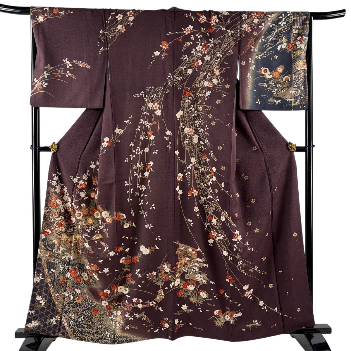 訪問着 身丈151cm 裄丈62cm S 袷 草花 霞 金糸 金彩 抹茶色 正絹 名品