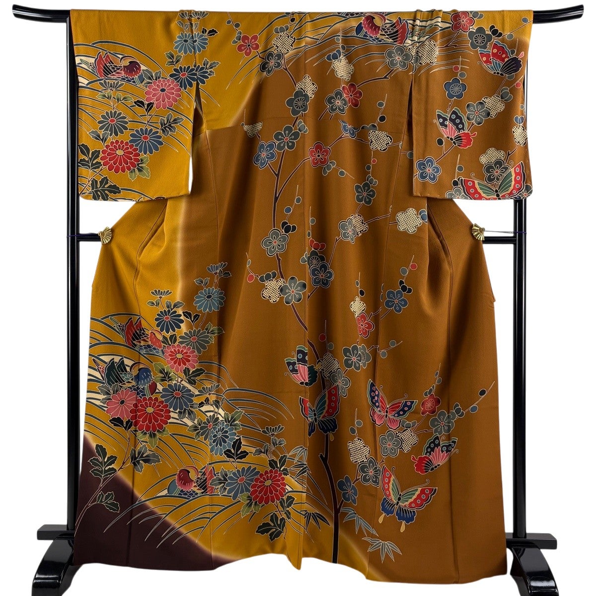 訪問着 身丈167cm 裄丈70cm L 袷 鴛鴦 菊 ぼかし 山吹茶色 正絹 名品 【】