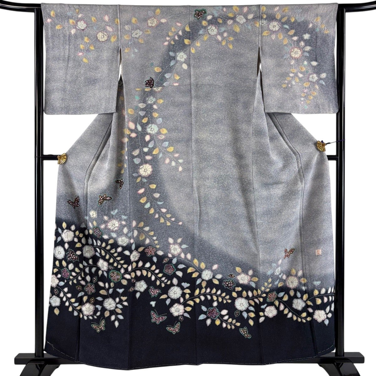 美品】 訪問着 身丈159cm 裄丈64cm M 袷 落款あり 桜 流水 銀通し 絞り