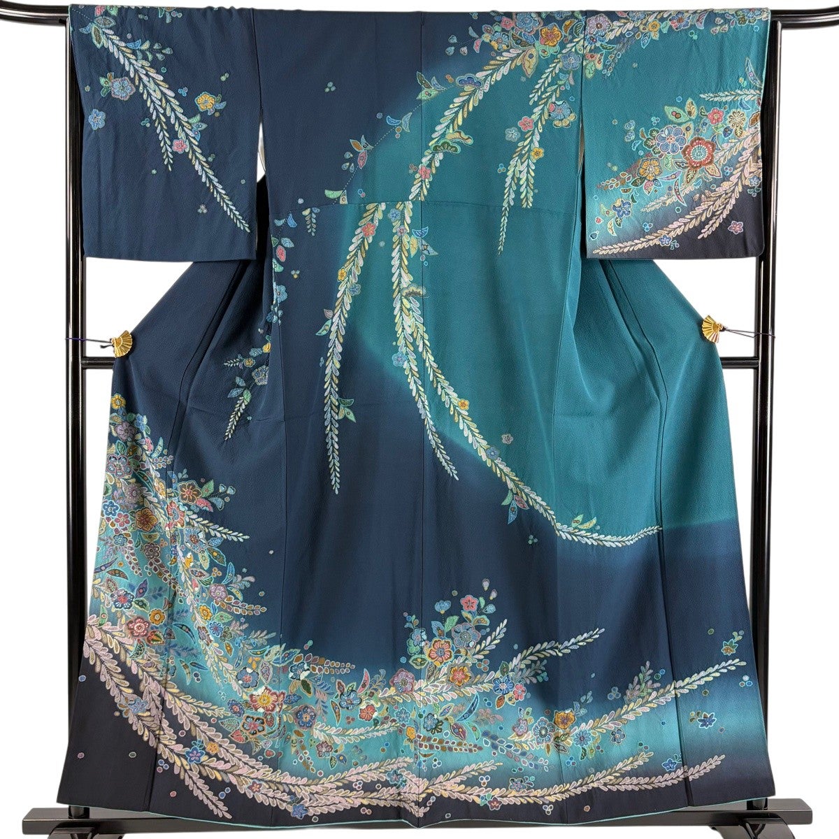 訪問着 身丈157cm 裄丈66cm M 袷 辻が花 ぼかし 藍色 正絹 名品｜中古
