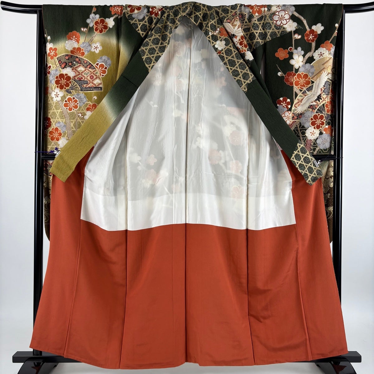 振袖 身丈158.5cm 裄丈66.5cm M 袷 鶴 梅 金糸 金彩 深緑 正絹 名品