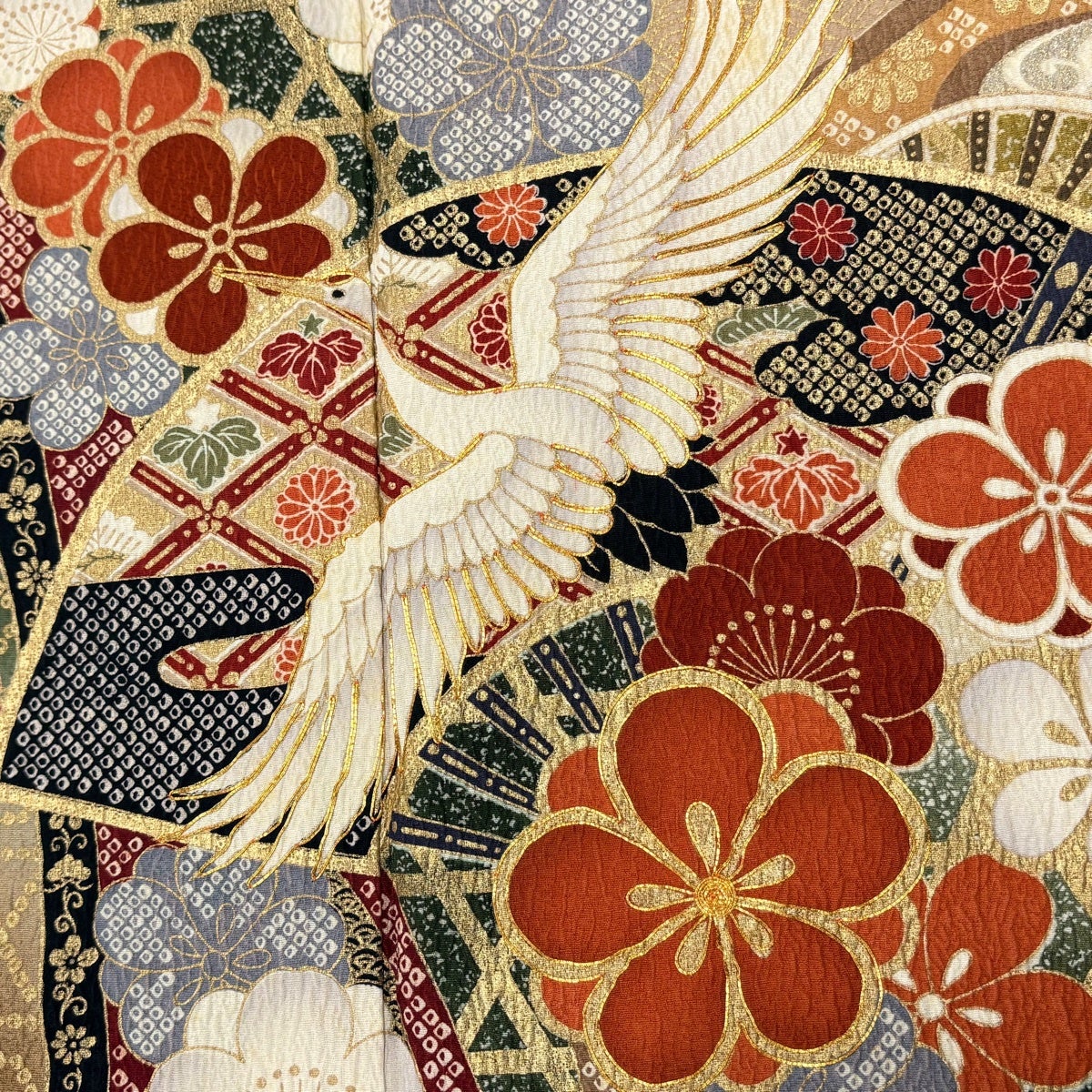 振袖 身丈158.5cm 裄丈66.5cm M 袷 鶴 梅 金糸 金彩 深緑 正絹 名品