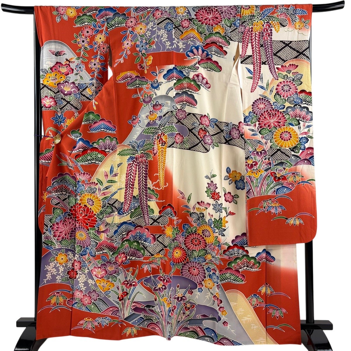 振袖 身丈164.5cm 裄丈68cm L 袷 草花 鳥 縮緬 オレンジ 正絹 名品