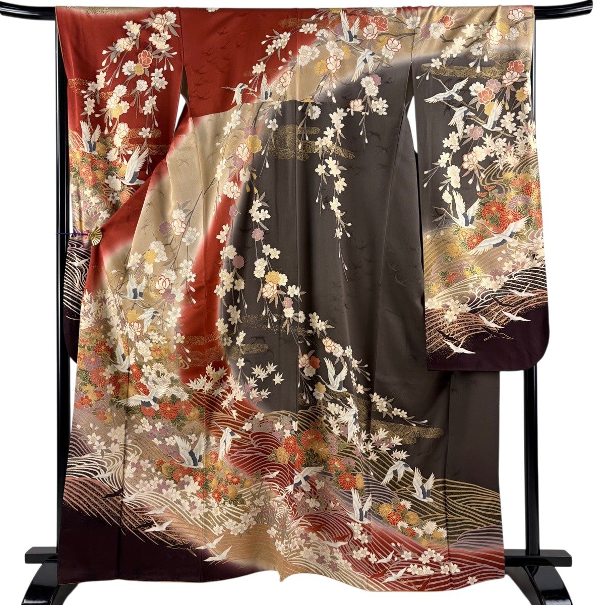 振袖 美品 名品 身丈163.5cm 裄丈68cm 正絹 【中古】 振袖 身丈163.5cm 裄丈68.5cm L 袷 鶴 草花 金糸 金彩 赤茶 正絹 名品