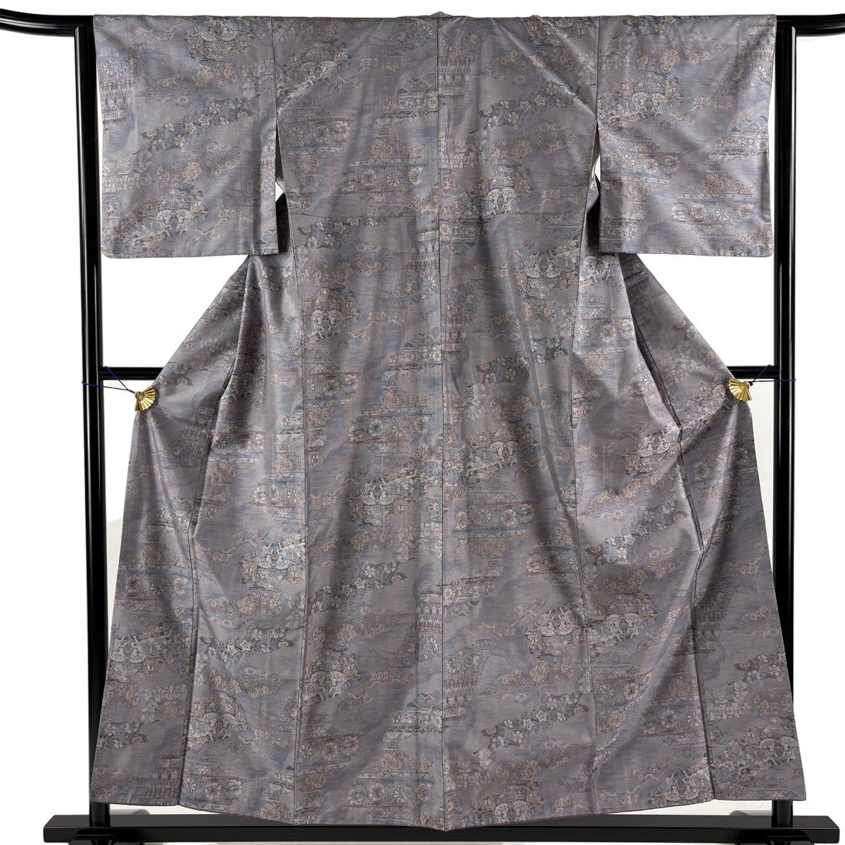 美品】 紬 身丈155.5cm 裄丈63cm S 袷 草花 道長取り 灰紫 正絹 秀品