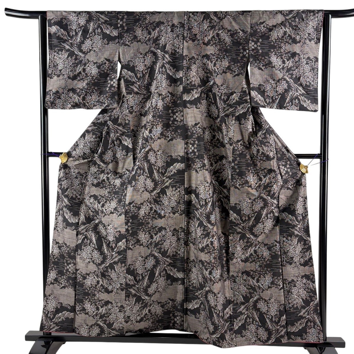 紬 身丈158.5cm 裄丈63cm S 袷 草花 雲文 焦茶色 正絹 秀品｜中古