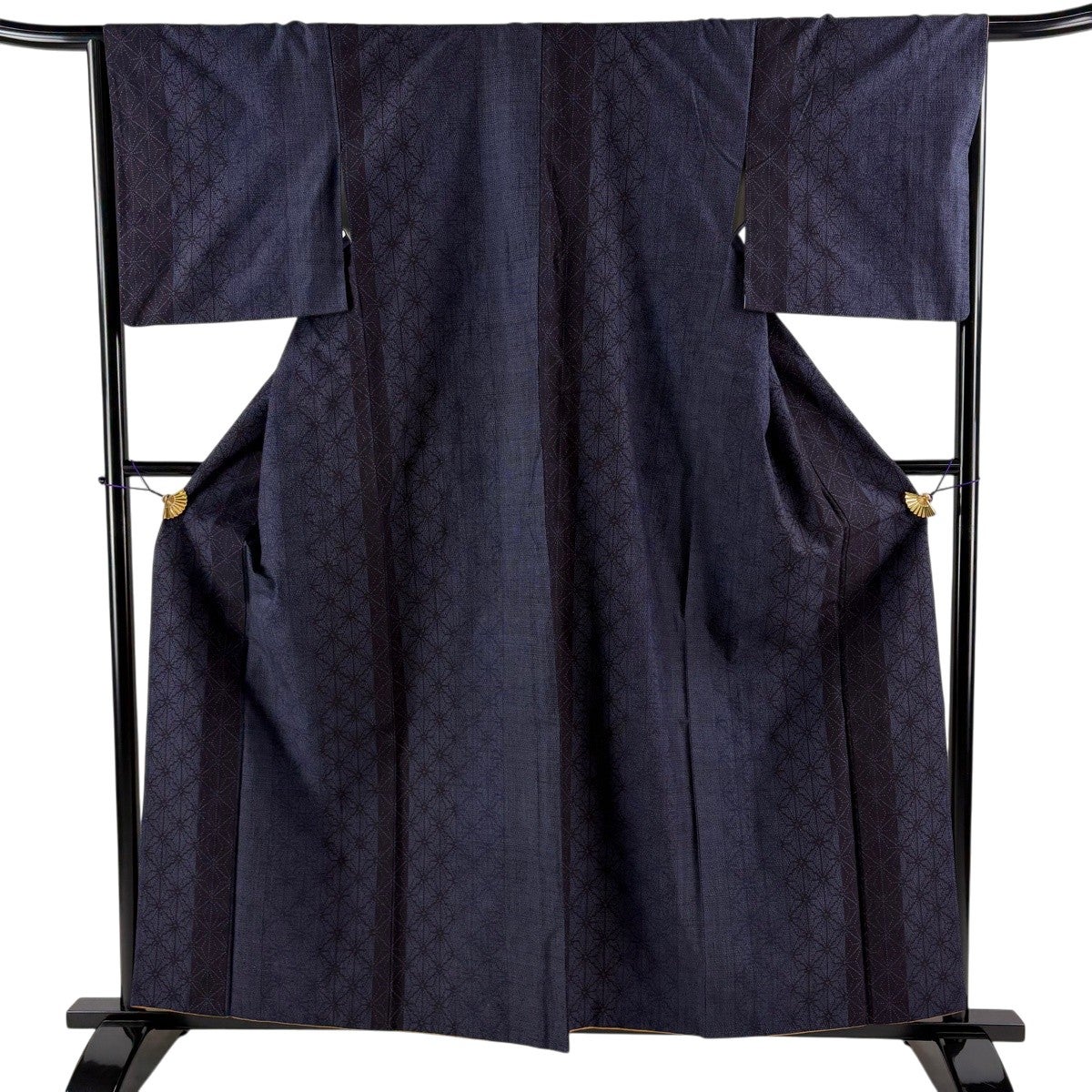 美品】 紬 身丈159cm 裄丈66cm M 袷 麻の葉 亀甲絣 濃紫 正絹 秀品