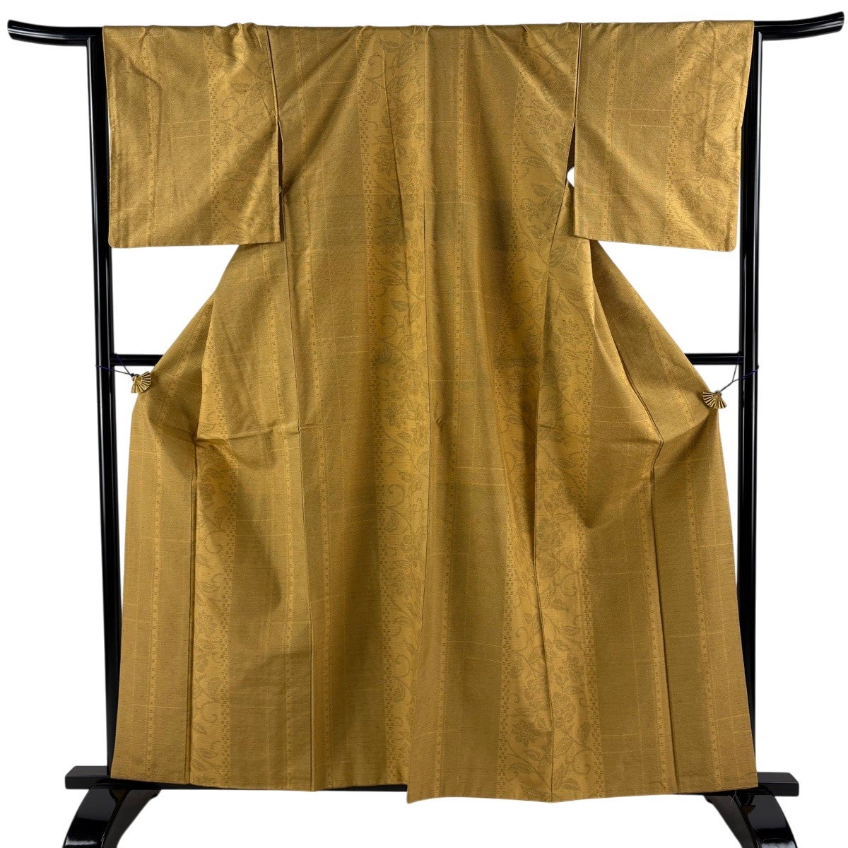 美品】 紬 身丈159.5cm 裄丈64cm M 袷 格子 山吹色 正絹 逸品｜中古
