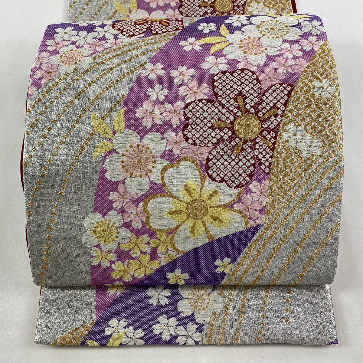 袋帯 秀品 桜 金銀糸 箔 銀色 六通 正絹｜中古・古着・リサイクル着物