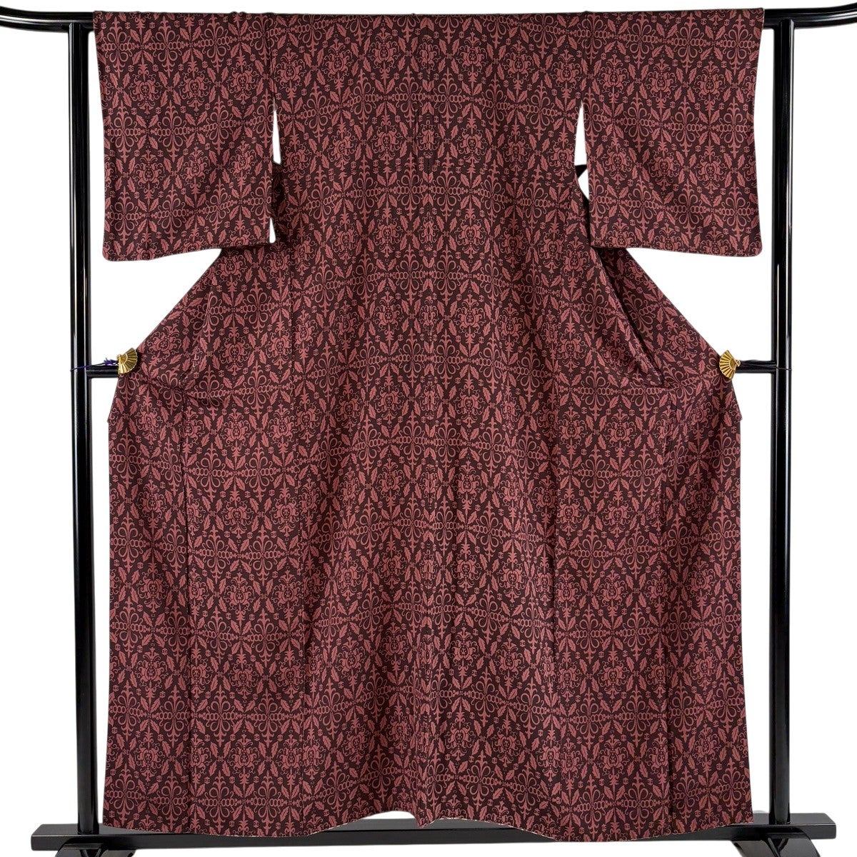 美品】 小紋 身丈156cm 裄丈62cm S 袷 幾何学模様 絞り 茶色 正絹 秀品