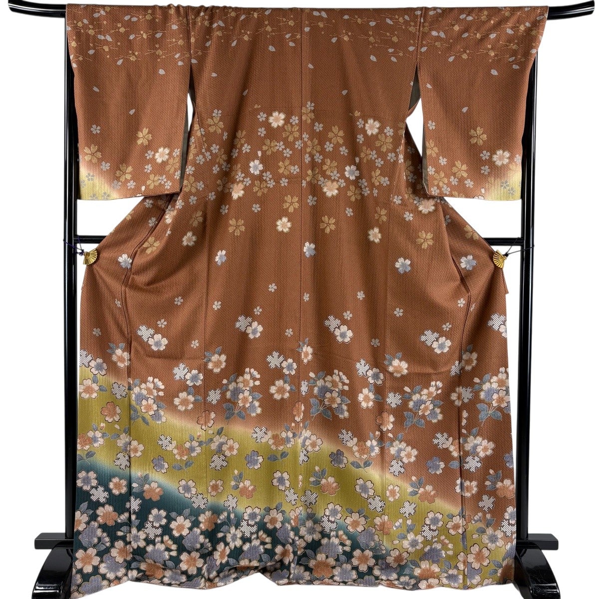 訪問着 身丈174cm 裄丈69cm L 袷 桜 金彩 染め分け 茶色 正絹 秀品