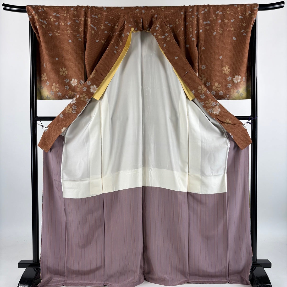 訪問着 身丈174cm 裄丈69cm L 袷 桜 金彩 染め分け 茶色 正絹 秀品